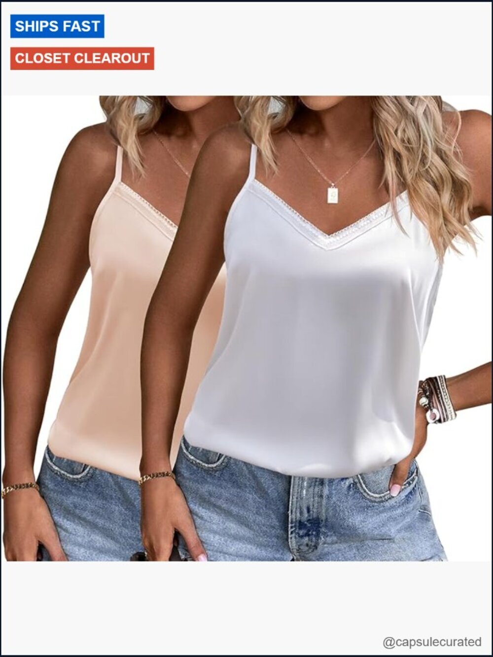Lace V-Neck Satin Pajama Tank Top Adjustable Spaghetti Strap Camisole Loose Fit